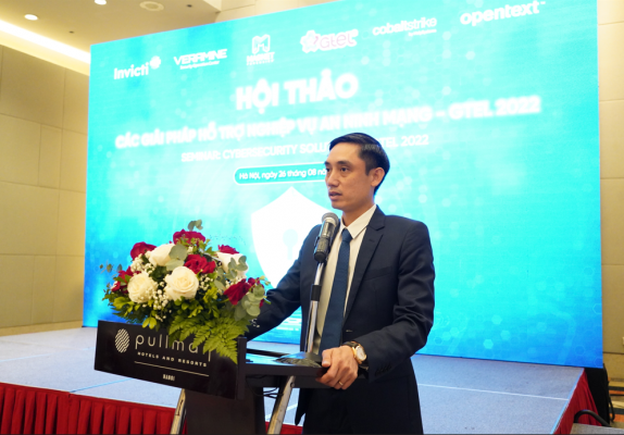 Thiếu tá Điền Văn Kiên, Chủ tịch kiêm Tổng giám đốc Tổng công ty Gtel phát biểu tại Hội thảo.